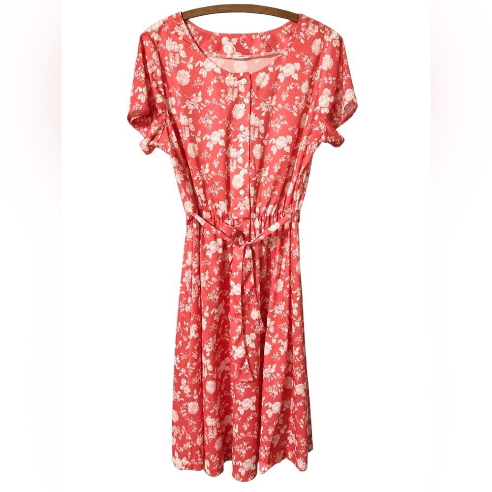 Vintage 80s Dress Size L Coral A Line Summer Retro Coastal Grandma